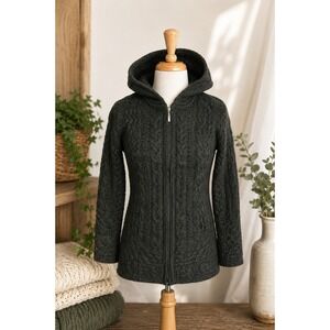Irish Merino Wool Aran Cable Knit Hooded Zip Cardigan Sweater Ireland Small